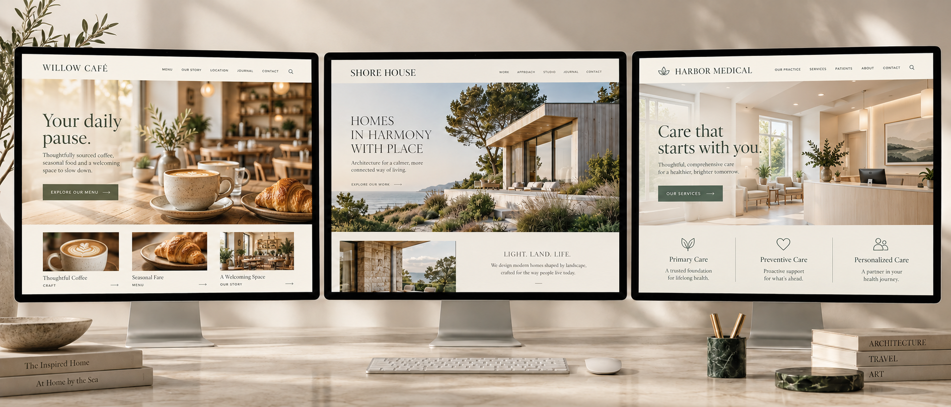 Three original website concepts: Willow Café, Shore House architecture studio, and Harbor Medical office